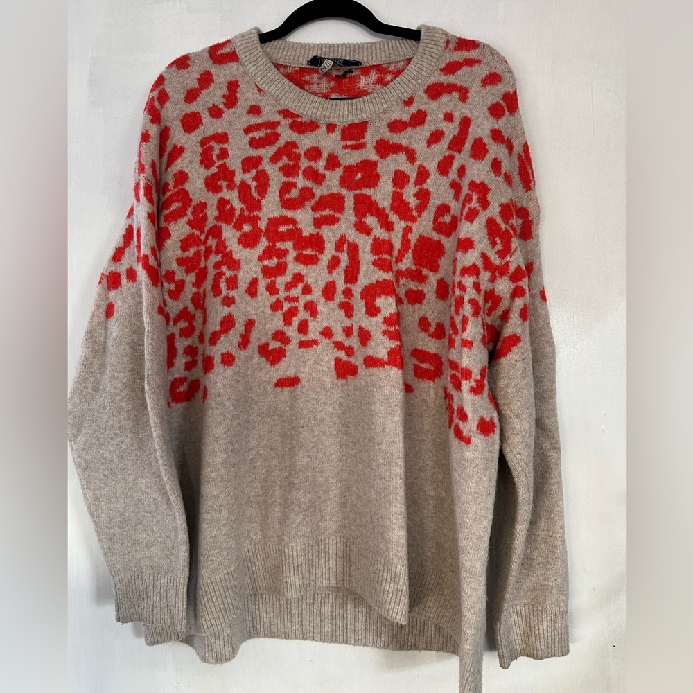 Red and oatmeal Joules knitted sweater with leopard pattern